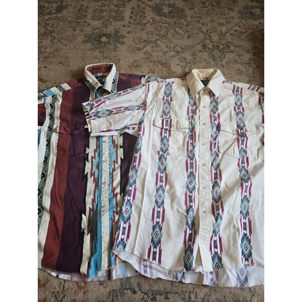 VTG Wrangler Pearl Snap Aztec DISTRESSED 80s 90s Western Size M L? Southwestern